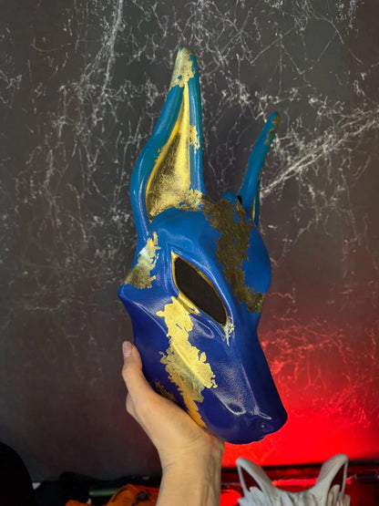 Anubis Mask Art Blue And Gold Wolf Jackal Ankh